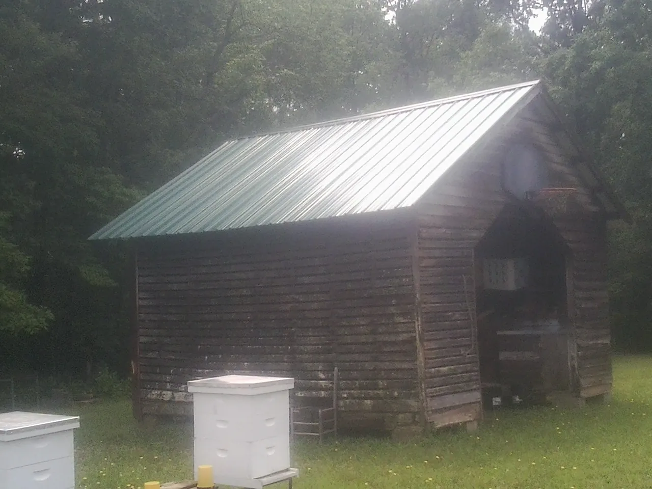 Green metal roof on a weathered barn beside stacked beehives in Blue Point
